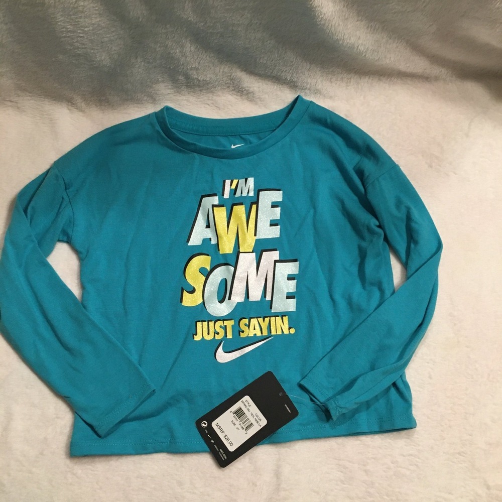 Nike Graphic Tee Girls 4T Teal Nebula NEW Awesome Long Sleeve Shirt 28F842-C6J